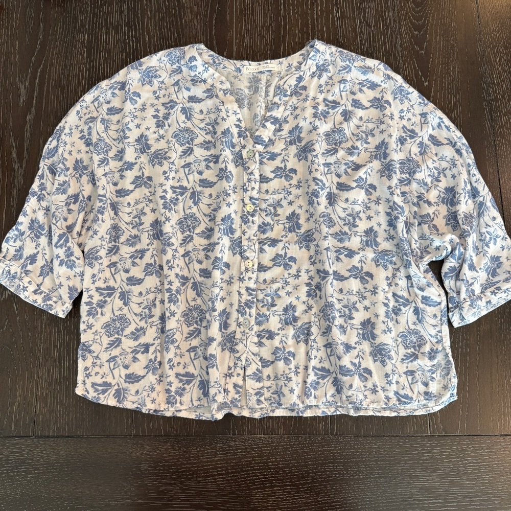 Blue and White Floral Block Print‎ Button Down Flowy Boxy Blouse